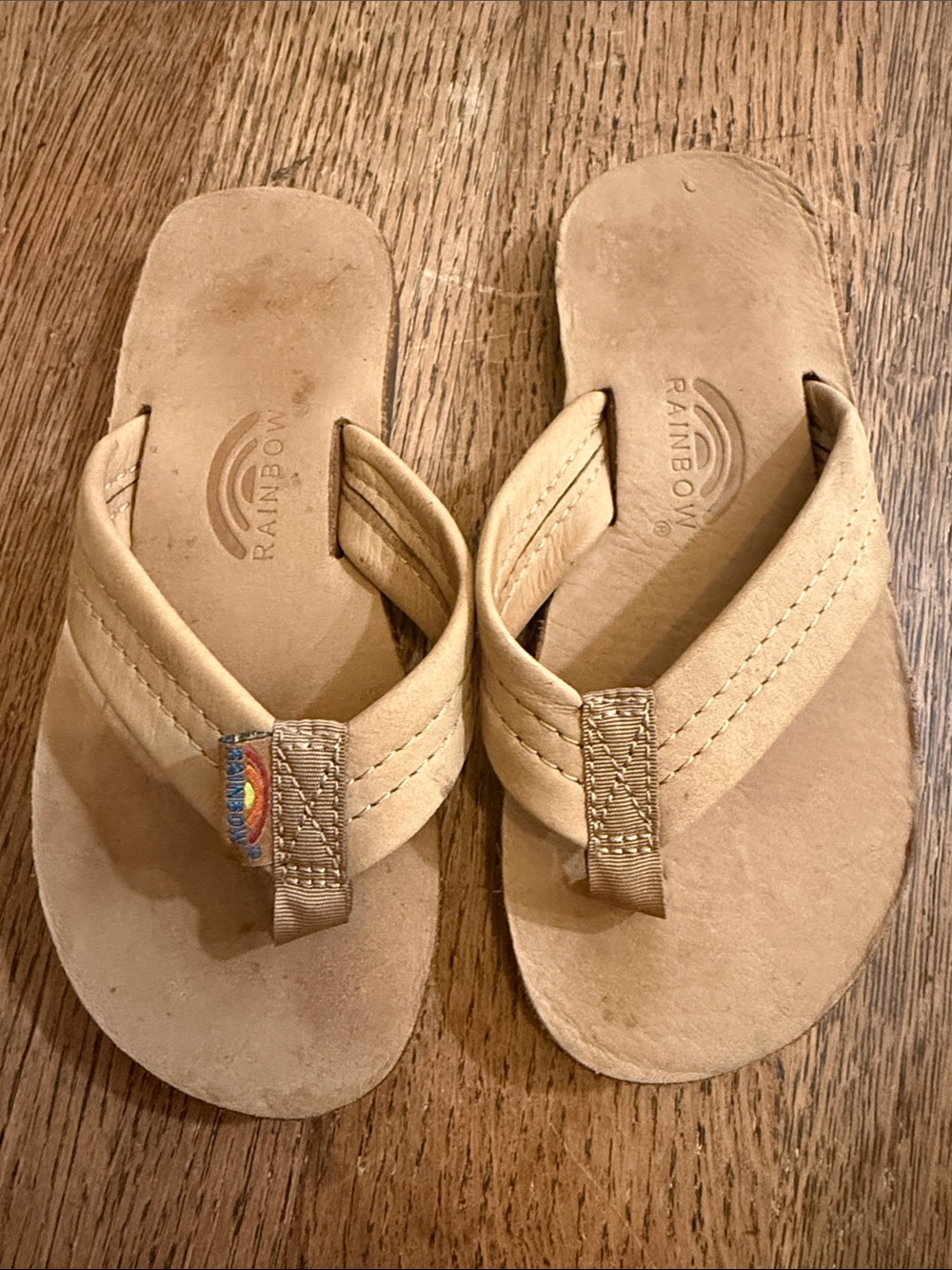 Rainbow Beige Leather Flip Flops kids sandals youth size 11/12 - Picture 6 of 8